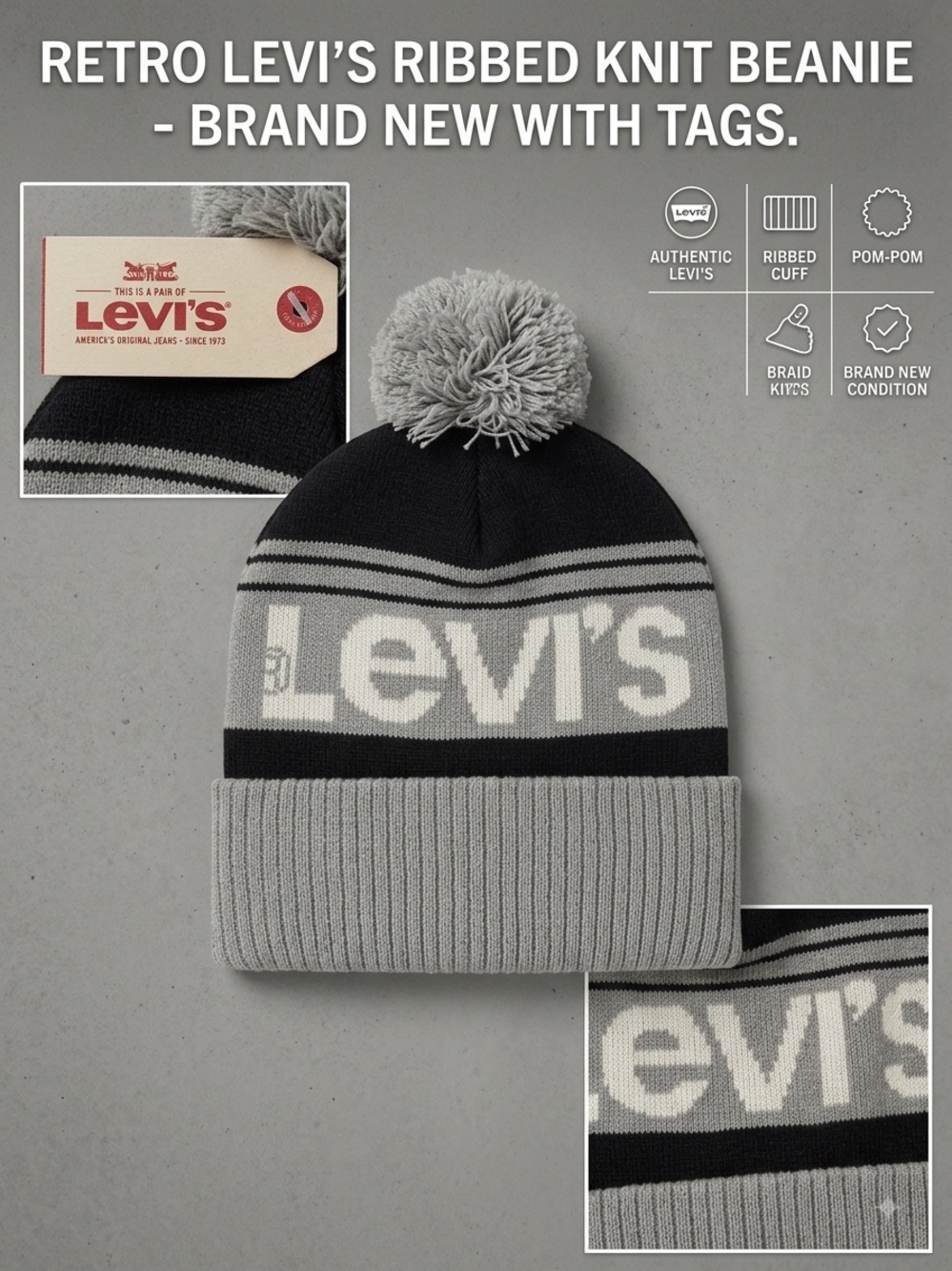 Levi's Two-Tone Knit Beanie with Pom - Black & Light Gray